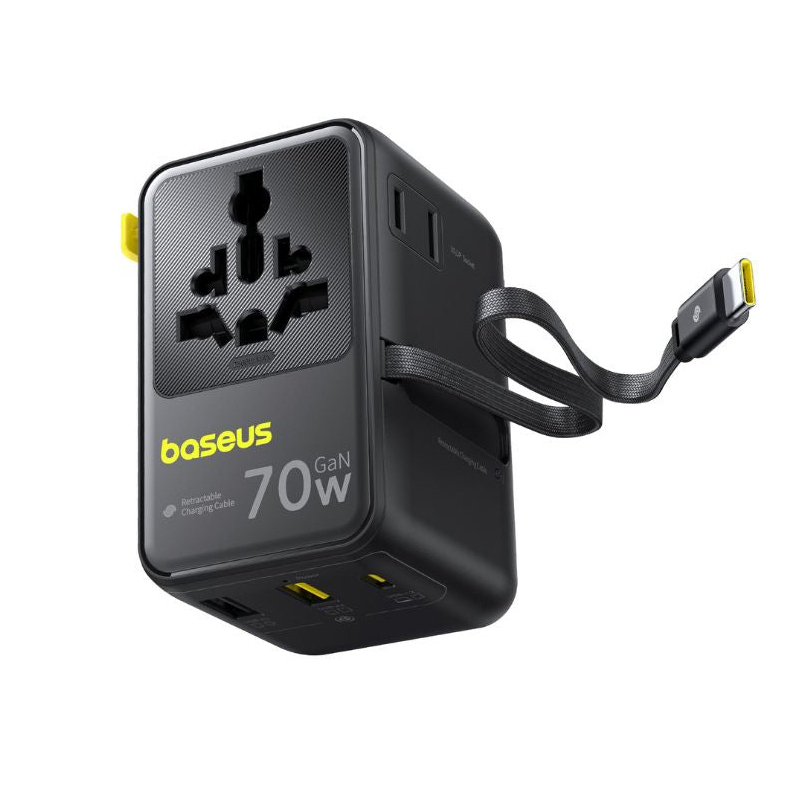 Baseus EU, UK, US, AU utazó EnerCore CG11 hálózati USB-C töltő adapter, 70W, 10A, 1 x USB-C - 2 x Schuko - 2 x USB-A, USB-C kábellel, fekete-0