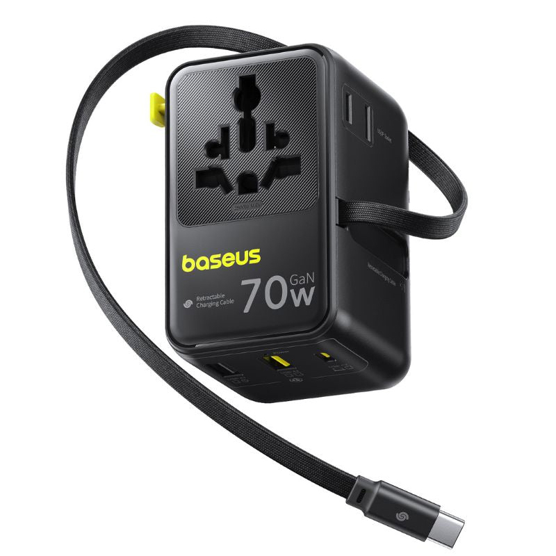 Baseus EU, UK, US, AU utazó EnerCore CG11 hálózati USB-C töltő adapter, 70W, 10A, 1 x USB-C - 2 x Schuko - 2 x USB-A, USB-C kábellel, fekete-3