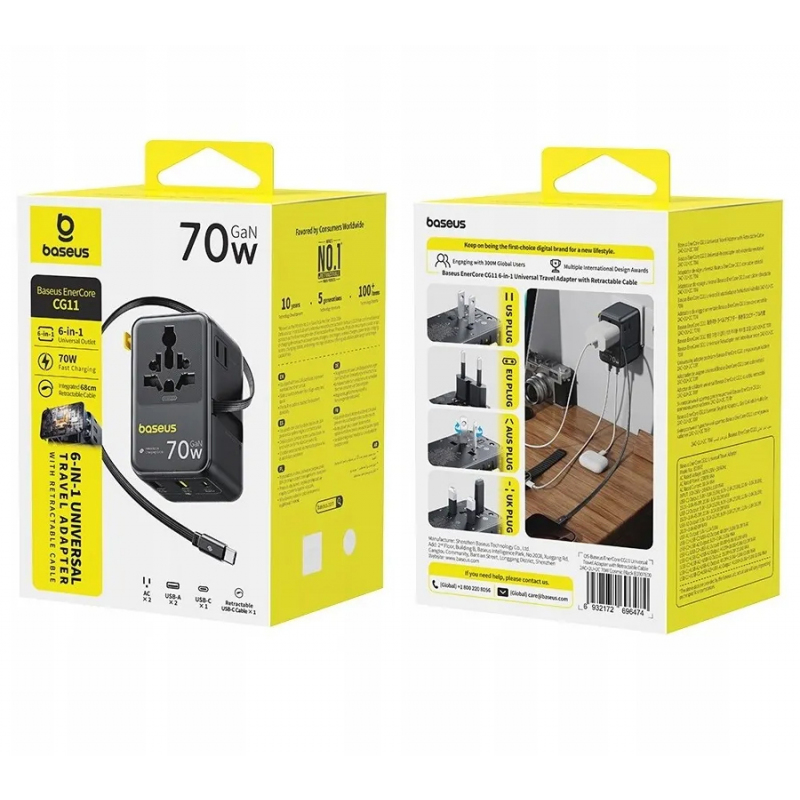 Baseus EU, UK, US, AU utazó EnerCore CG11 hálózati USB-C töltő adapter, 70W, 10A, 1 x USB-C - 2 x Schuko - 2 x USB-A, USB-C kábellel, fekete-4