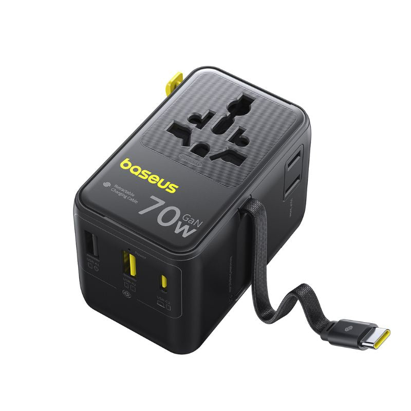 Baseus EU, UK, US, AU utazó EnerCore CG11 hálózati USB-C töltő adapter, 70W, 10A, 1 x USB-C - 2 x Schuko - 2 x USB-A, USB-C kábellel, fekete-2