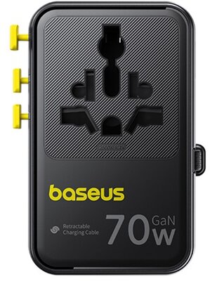 Baseus EU, UK, US, AU utazó EnerCore CG11 hálózati USB-C töltő adapter, 70W, 10A, 1 x USB-C - 2 x Schuko - 2 x USB-A, USB-C kábellel, fekete-6