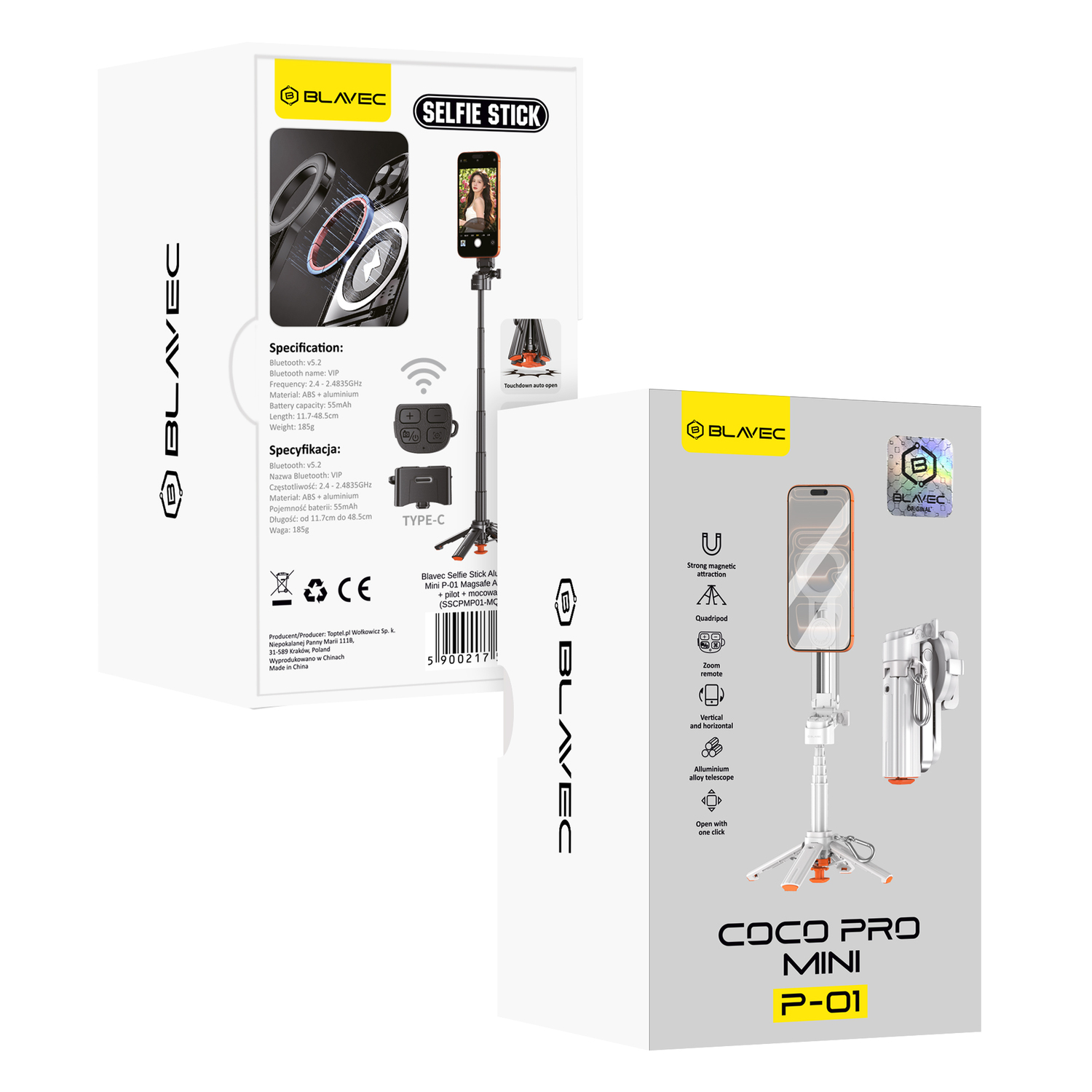 Blavec Selfie Stick Aluminium Coco PRO Mini P-01 Magsafe Auto pop quadripod + távirányító + tartó 0,48 méter (SSCPMP01-MQHW048) fehér Selfie bot-6