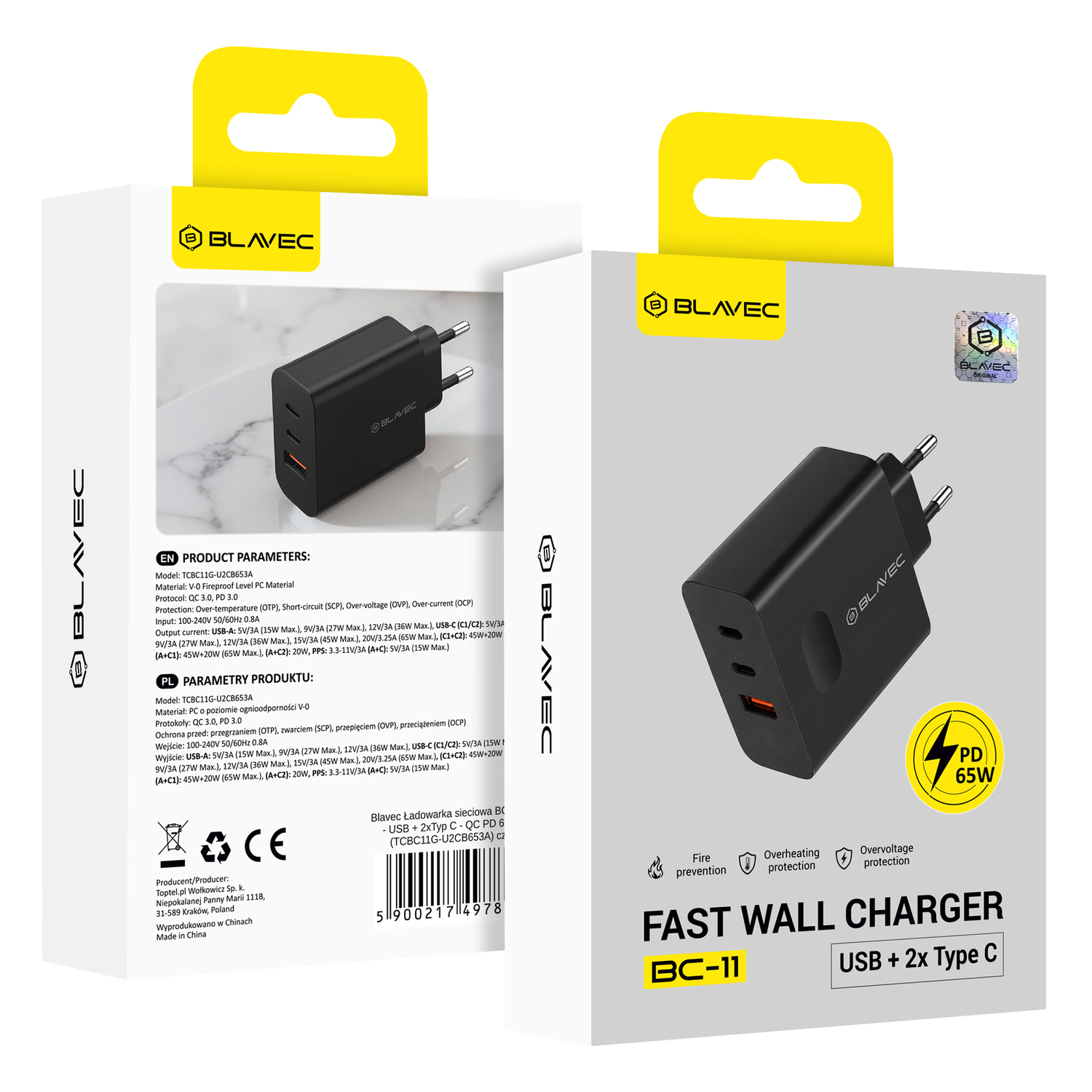 Blavec Hálózati töltő BC-11 GaN - USB + 2xType C - QC PD 65W 3A (TCBC11G-U2CB653A) fekete-5