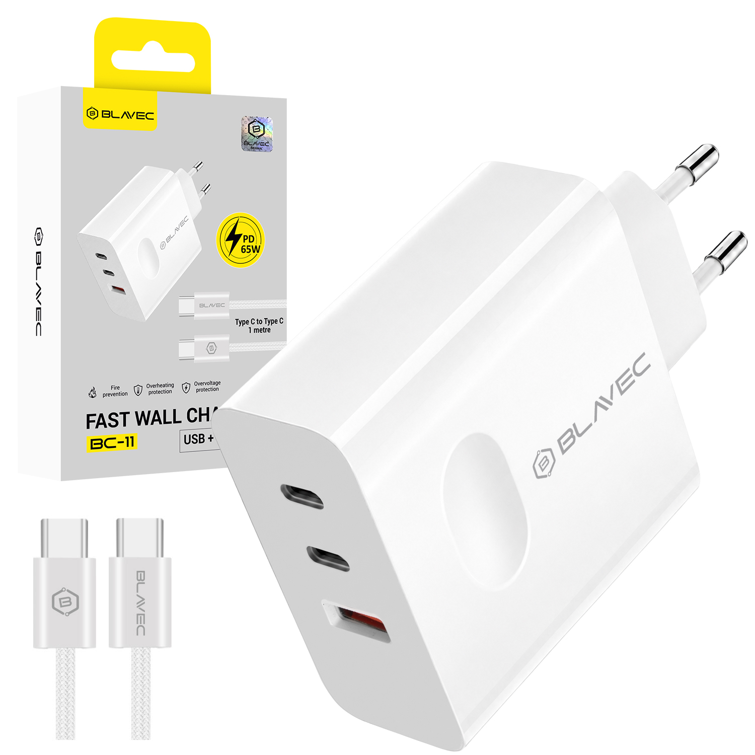 Blavec fali töltő BC-11 GaN - USB + 2xType C - QC PD 65W 3A Type C - Type C kábellel (TCBC11G-U2CW653A) fehér-0