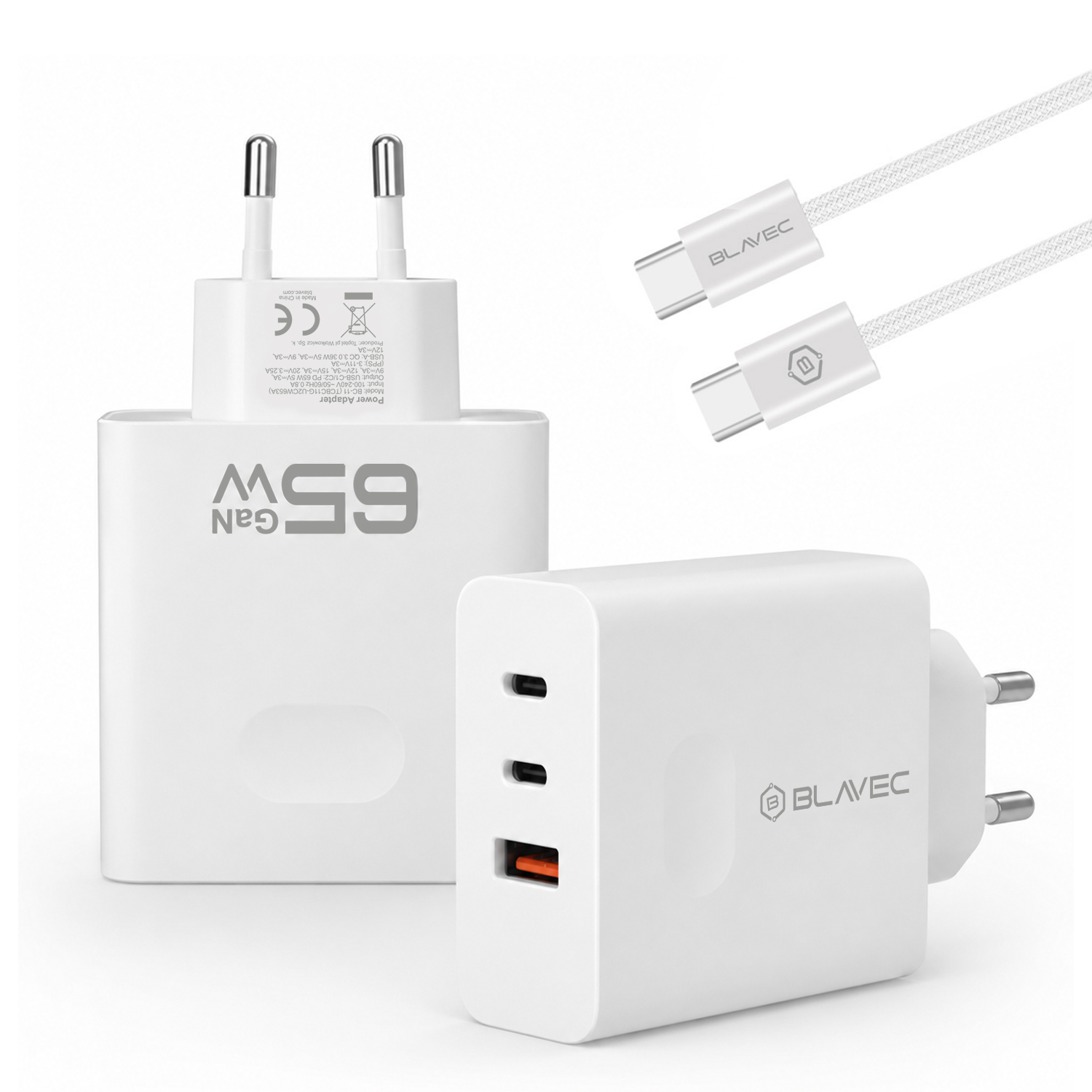 Blavec fali töltő BC-11 GaN - USB + 2xType C - QC PD 65W 3A Type C - Type C kábellel (TCBC11G-U2CW653A) fehér-2