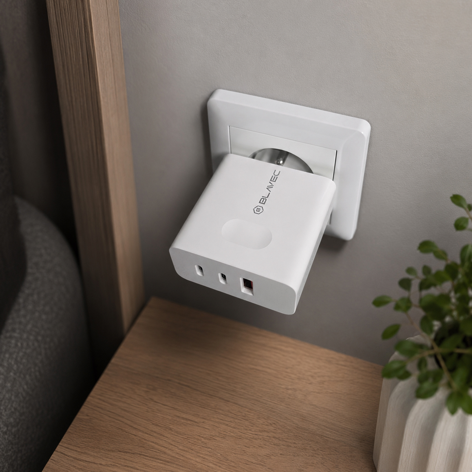 Blavec fali töltő BC-11 GaN - USB + 2xType C - QC PD 65W 3A Type C - Type C kábellel (TCBC11G-U2CW653A) fehér-3