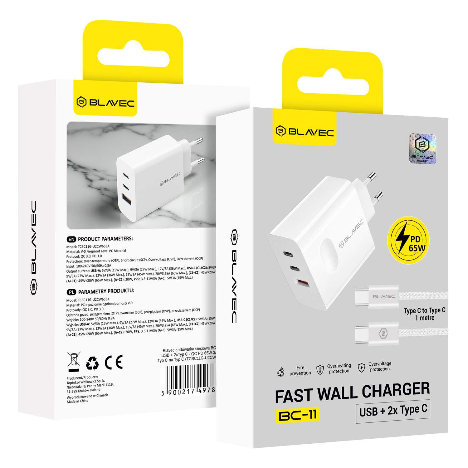 Blavec fali töltő BC-11 GaN - USB + 2xType C - QC PD 65W 3A Type C - Type C kábellel (TCBC11G-U2CW653A) fehér-5
