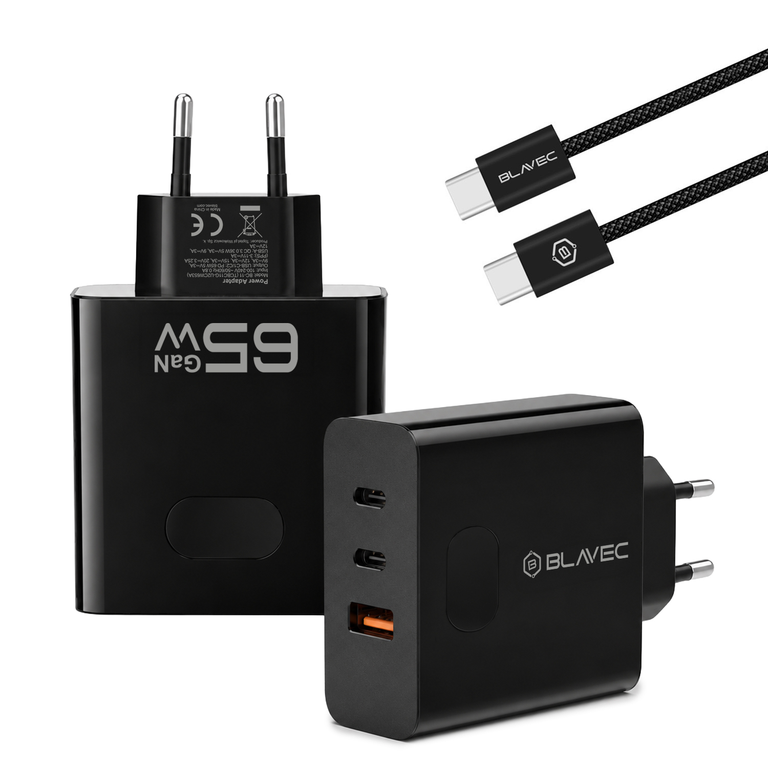 Blavec fali töltő BC-11 GaN - USB + 2xType C - QC PD 65W 3A Type C - Type C kábellel (TCBC11G-U2CB653A) fekete-2