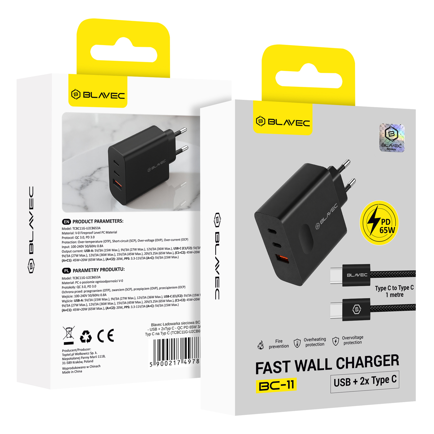 Blavec fali töltő BC-11 GaN - USB + 2xType C - QC PD 65W 3A Type C - Type C kábellel (TCBC11G-U2CB653A) fekete-5