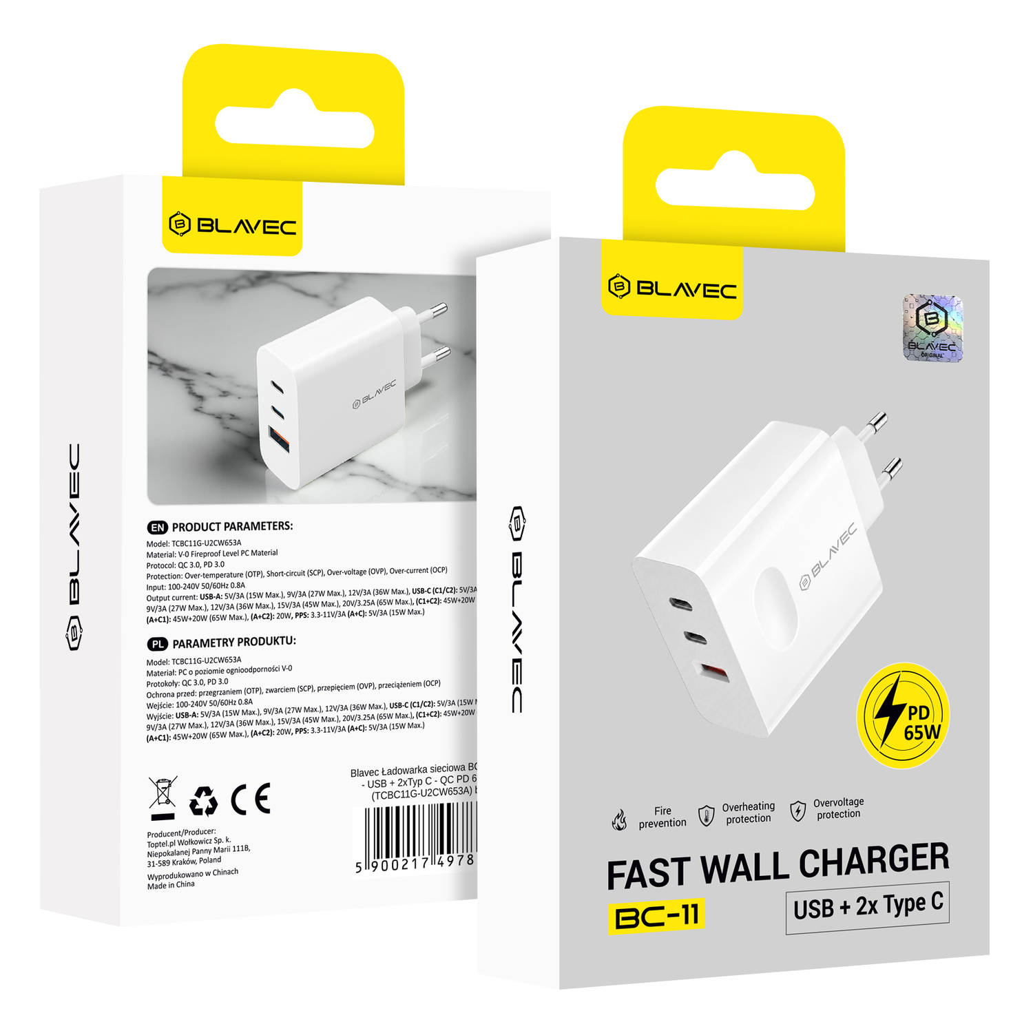 Blavec fali töltő BC-11 GaN - USB + 2xType C - QC PD 65W 3A (TCBC11G-U2CW653A) fehér-5