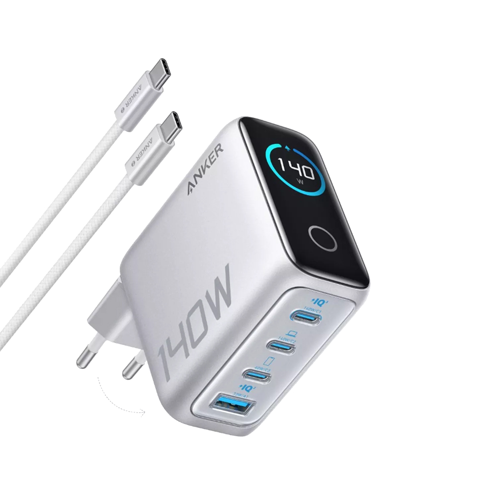 Anker - Fali töltő (B2697G41) - 3x USB-C, USB, 140W, Gyors töltés Type-C kábellel - Szürke-0