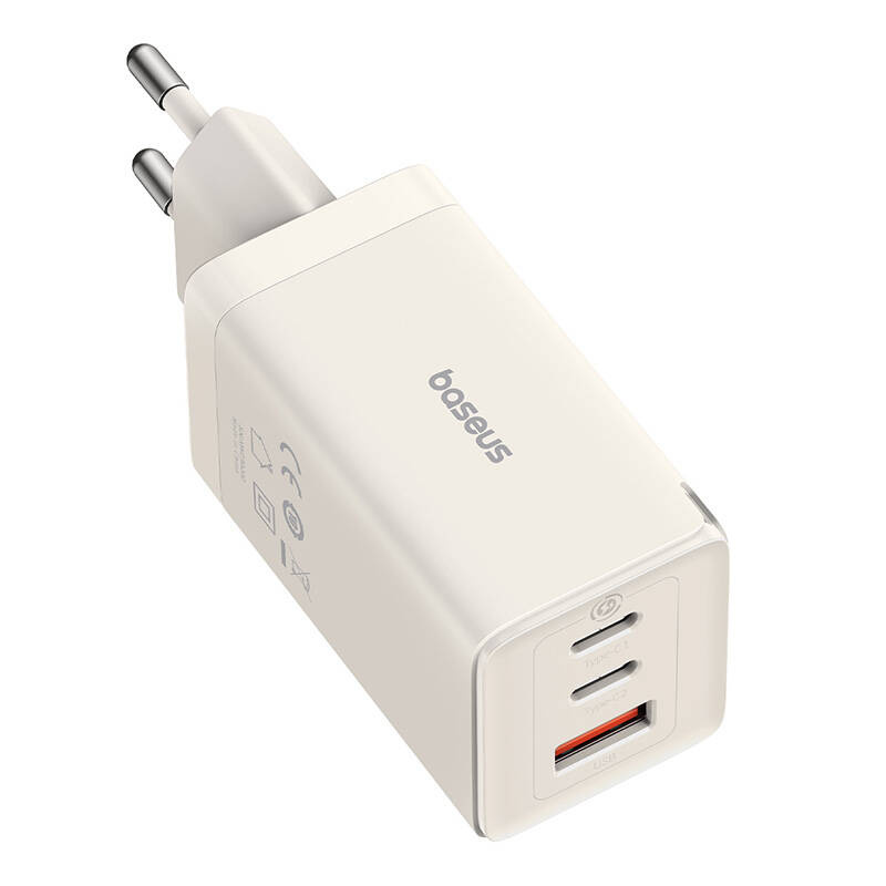 Baseus GaN5 Pro hálózati USB-C töltő adapter 2x USB-C + USB, 65W, 1 m, fehér-0