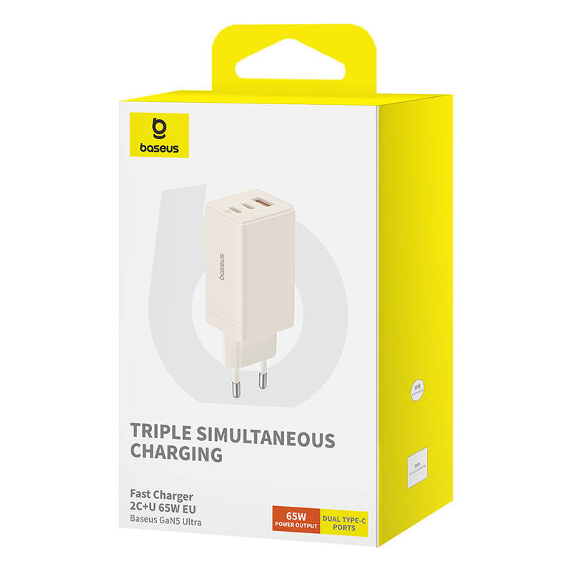 Baseus GaN5 Pro hálózati USB-C töltő adapter 2x USB-C + USB, 65W, 1 m, fehér-7