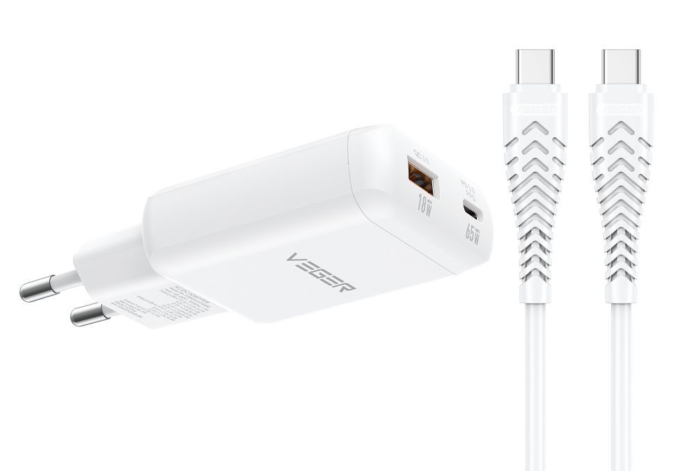 VEGER TR122 fehér USB-A + USB-C PD 65W hálózati töltő adapter + USB-C - USB-C 100W adatkábel-0