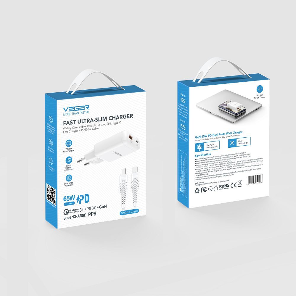 VEGER TR122 fehér USB-A + USB-C PD 65W hálózati töltő adapter + USB-C - USB-C 100W adatkábel-1