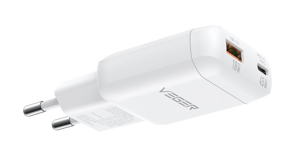 VEGER TR121 fehér hálózati USB-A + USB-C PD 45W töltő adapter + USB-C–USB-C 100W adatkábel-0