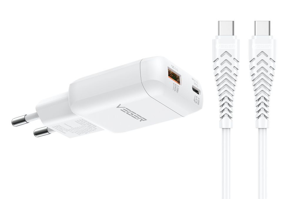 VEGER TR121 fehér hálózati USB-A + USB-C PD 45W töltő adapter + USB-C–USB-C 100W adatkábel-1