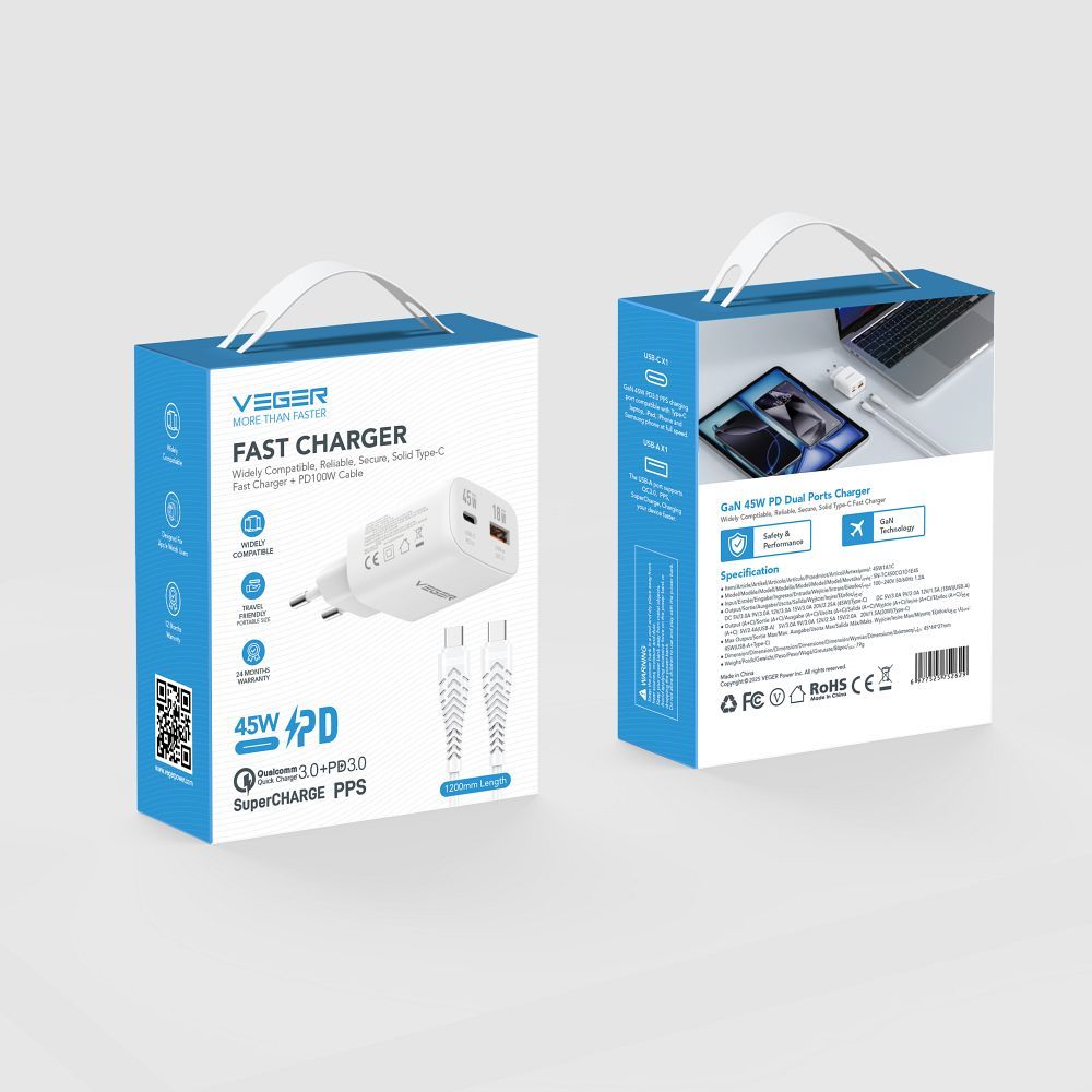 VEGER TR121 fehér hálózati USB-A + USB-C PD 45W töltő adapter + USB-C–USB-C 100W adatkábel-2