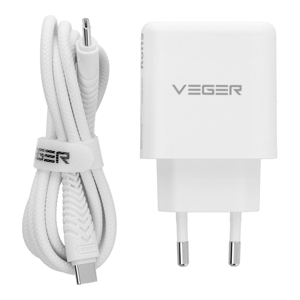 VEGER USB-A + USB-C PD QC3.0 3,25 A 65 W hálózati töltő adapter + USB-C–USB-C kábel TR67 fehér-2