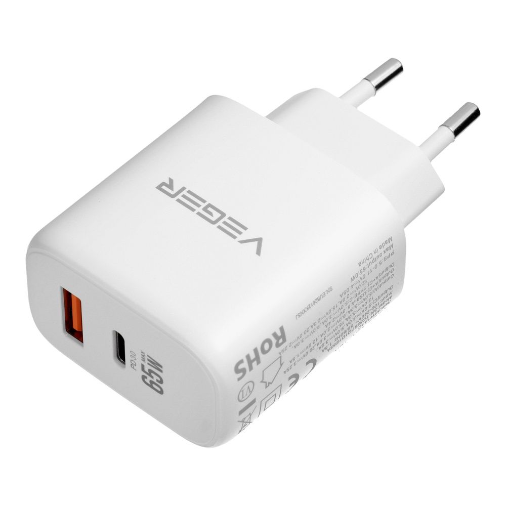 VEGER USB-A + USB-C PD QC3.0 3,25 A 65 W hálózati töltő adapter + USB-C–USB-C kábel TR67 fehér-3