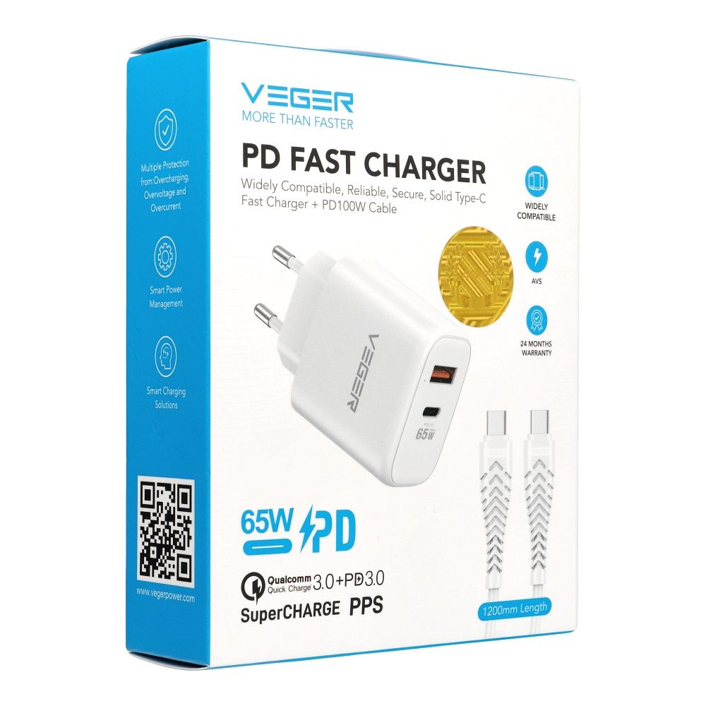 VEGER USB-A + USB-C PD QC3.0 3,25 A 65 W hálózati töltő adapter + USB-C–USB-C kábel TR67 fehér-7