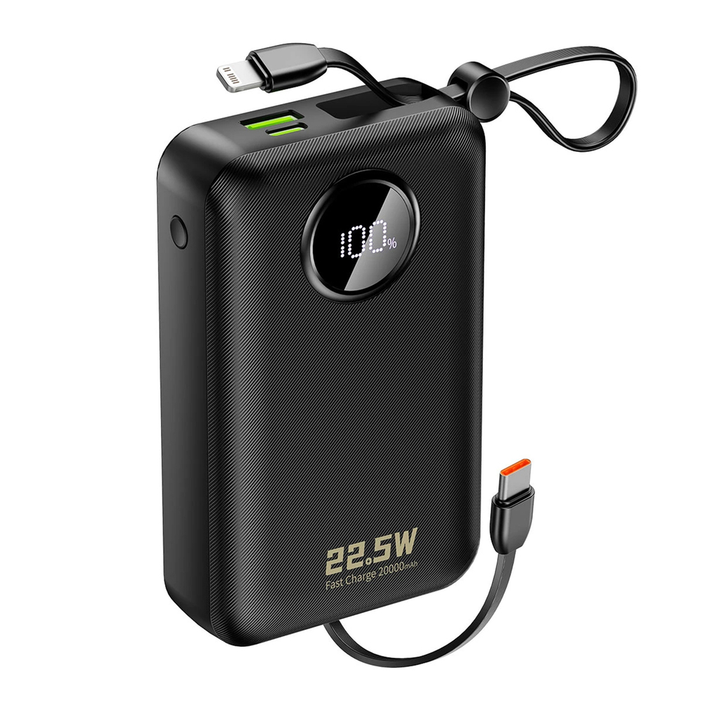 Dudao K14+ 22,5W 20000 mAh Powerbank beépített type-C és lightning kábellel fekete-0