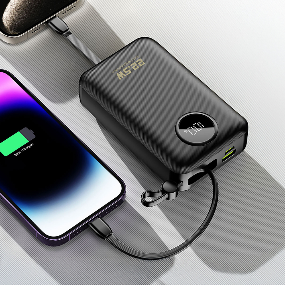 Dudao K14+ 22,5W 20000 mAh Powerbank beépített type-C és lightning kábellel fekete-4