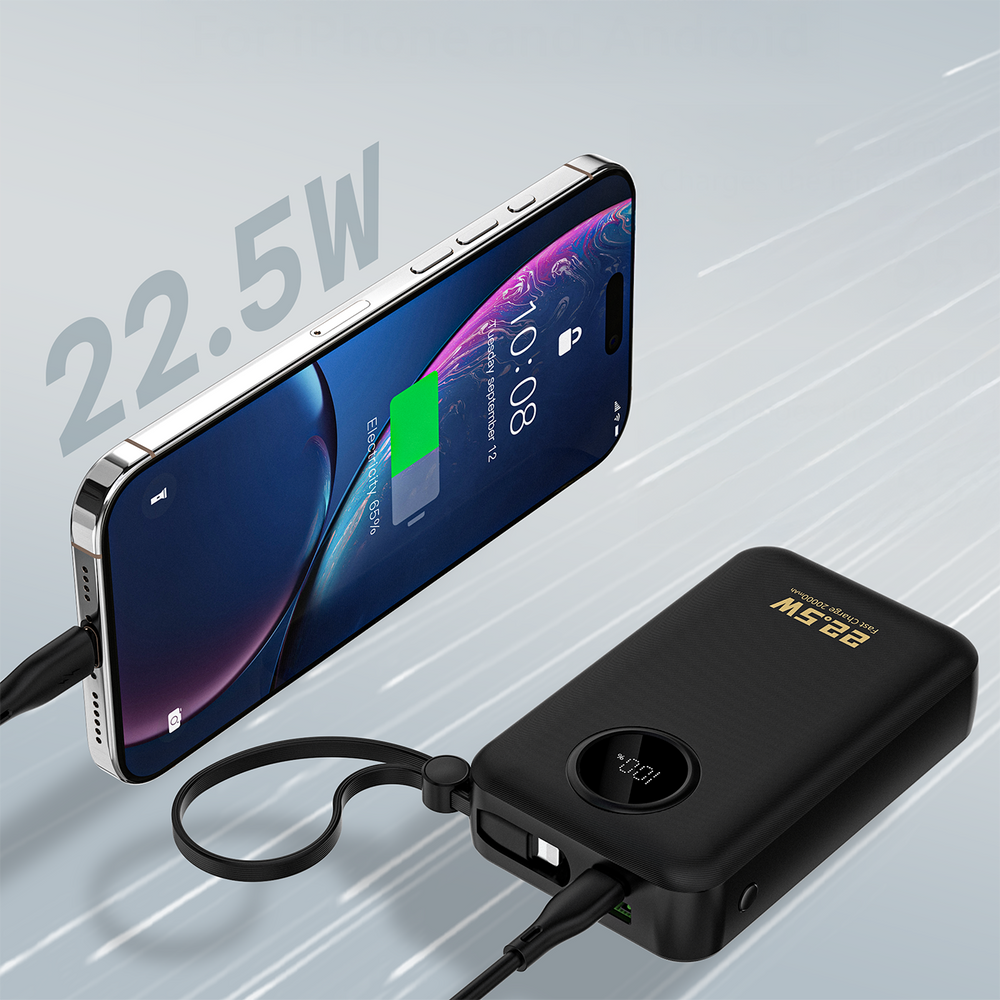 Dudao K14+ 22,5W 20000 mAh Powerbank beépített type-C és lightning kábellel fekete-3