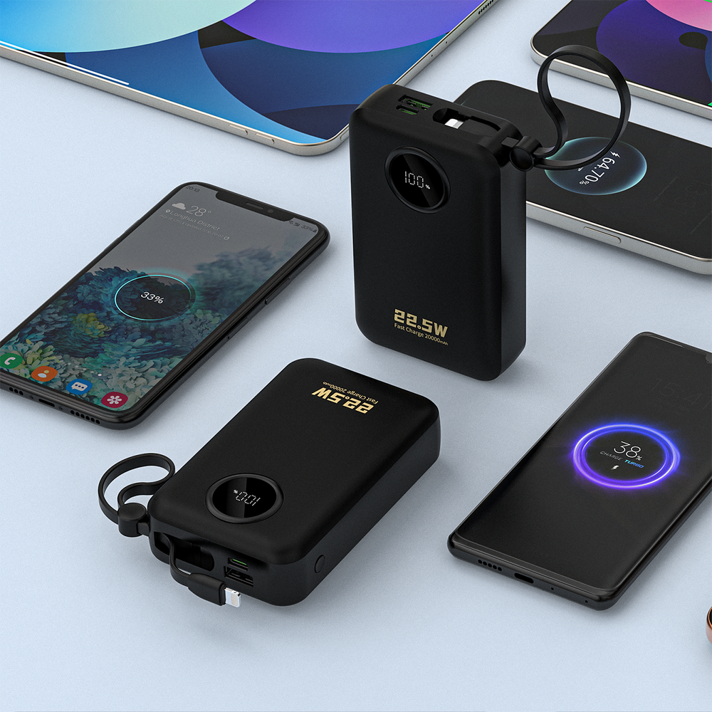 Dudao K14+ 22,5W 20000 mAh Powerbank beépített type-C és lightning kábellel fekete-1