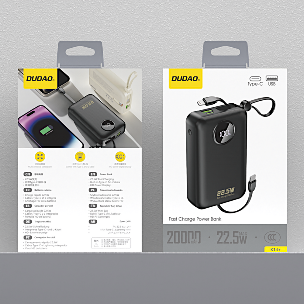 Dudao K14+ 22,5W 20000 mAh Powerbank beépített type-C és lightning kábellel fekete-12