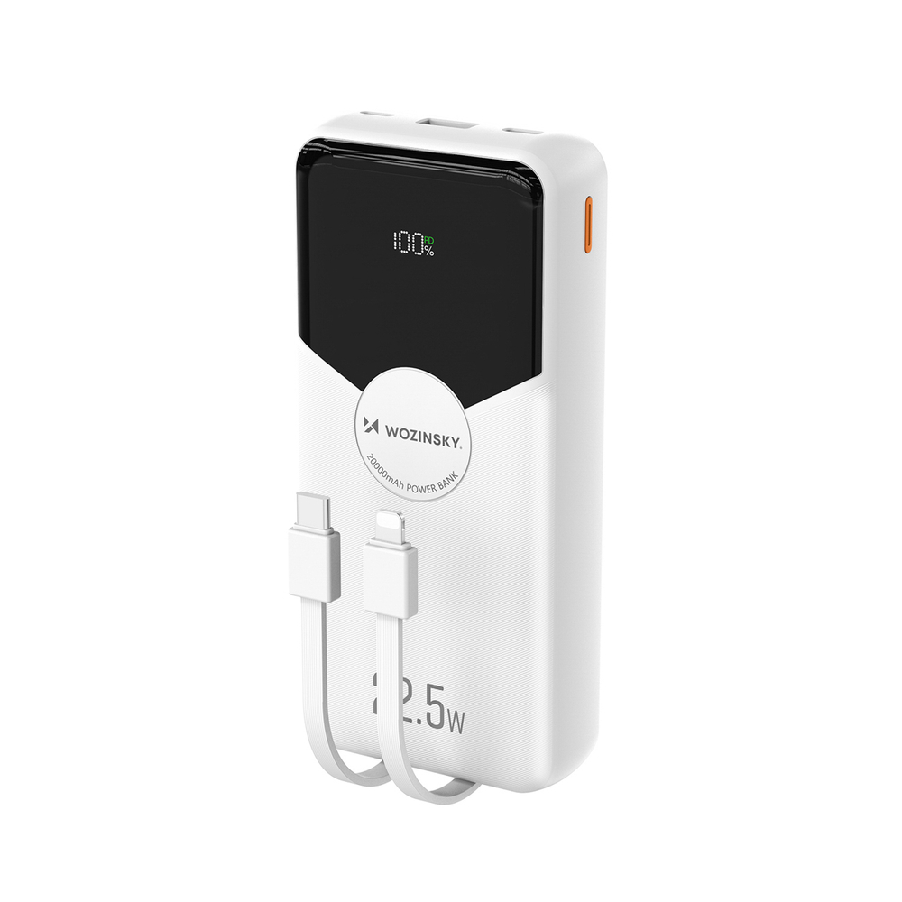 Wozinsky WFC-15W 20000mAh 22.5W PD20W Powerbank beépített Lightning és USB-C kábelekkel - Fehér-0