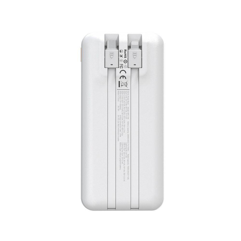 Wozinsky WFC-15W 20000mAh 22.5W PD20W Powerbank beépített Lightning és USB-C kábelekkel - Fehér-3