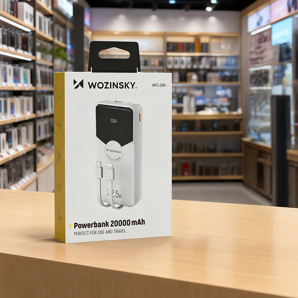 Wozinsky WFC-15W 20000mAh 22.5W PD20W Powerbank beépített Lightning és USB-C kábelekkel - Fehér-5