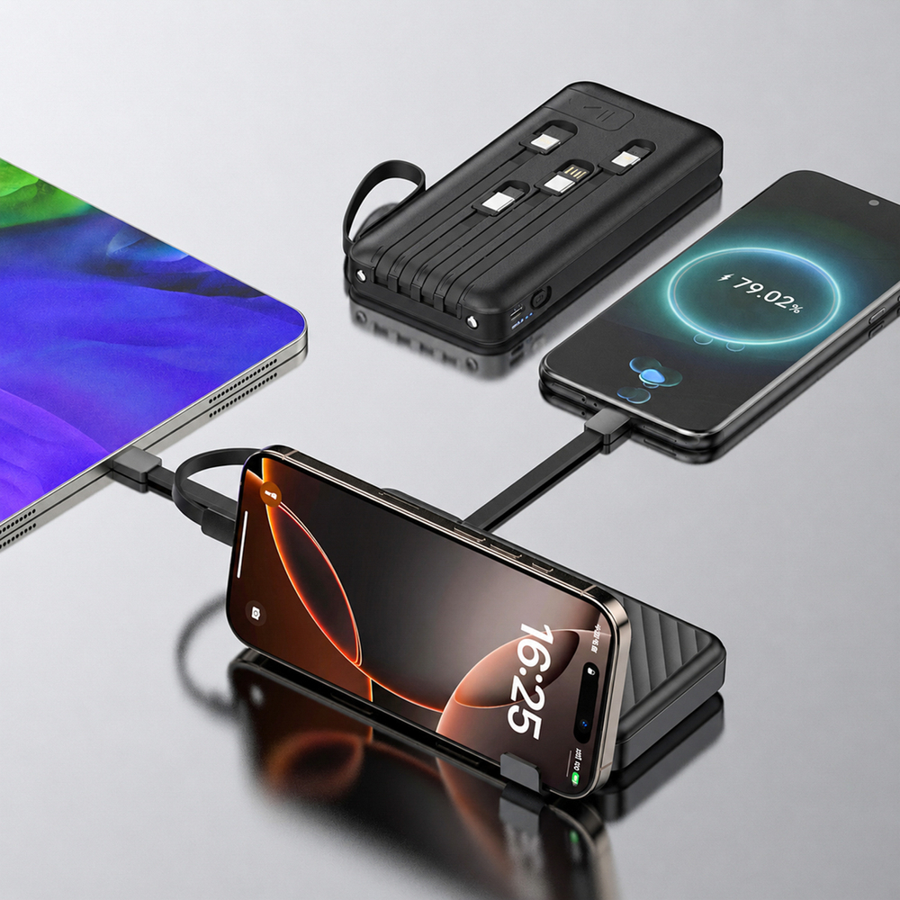 Wozinsky W11-B 10000mAh 10W Powerbank beépített kábelekkel és zseblámpával - Fekete-1