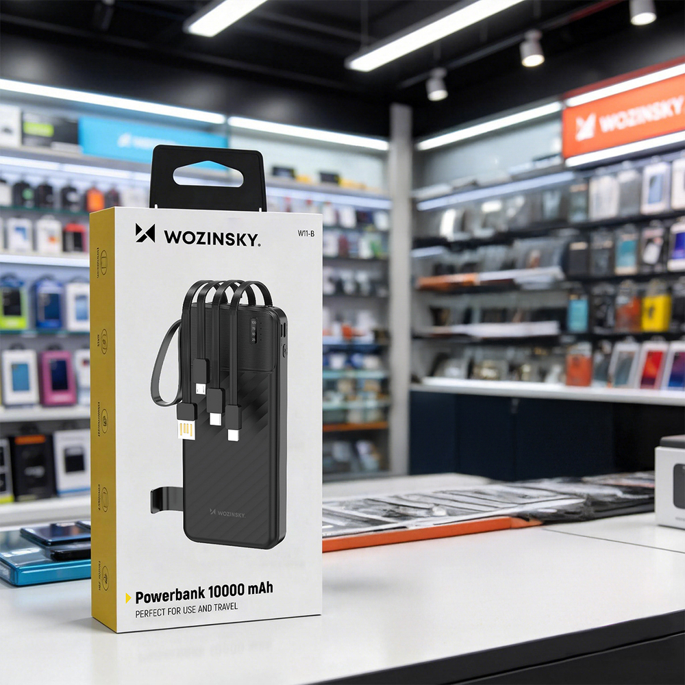 Wozinsky W11-B 10000mAh 10W Powerbank beépített kábelekkel és zseblámpával - Fekete-5