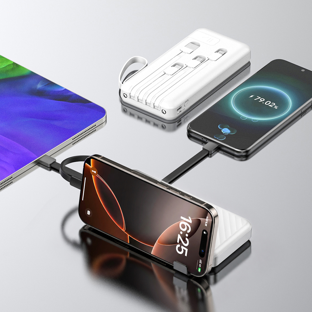 Wozinsky W11-W 10000mAh 10W Powerbank beépített kábelekkel és zseblámpával - Fehér-1