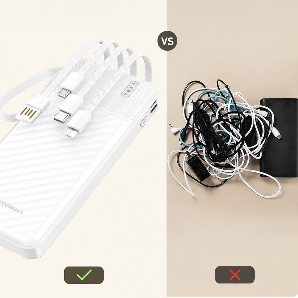 Wozinsky W11-W 10000mAh 10W Powerbank beépített kábelekkel és zseblámpával - Fehér-4