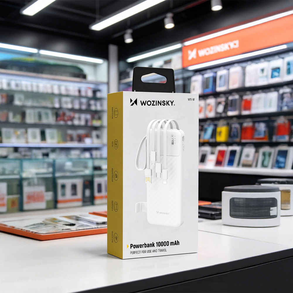 Wozinsky W11-W 10000mAh 10W Powerbank beépített kábelekkel és zseblámpával - Fehér-5