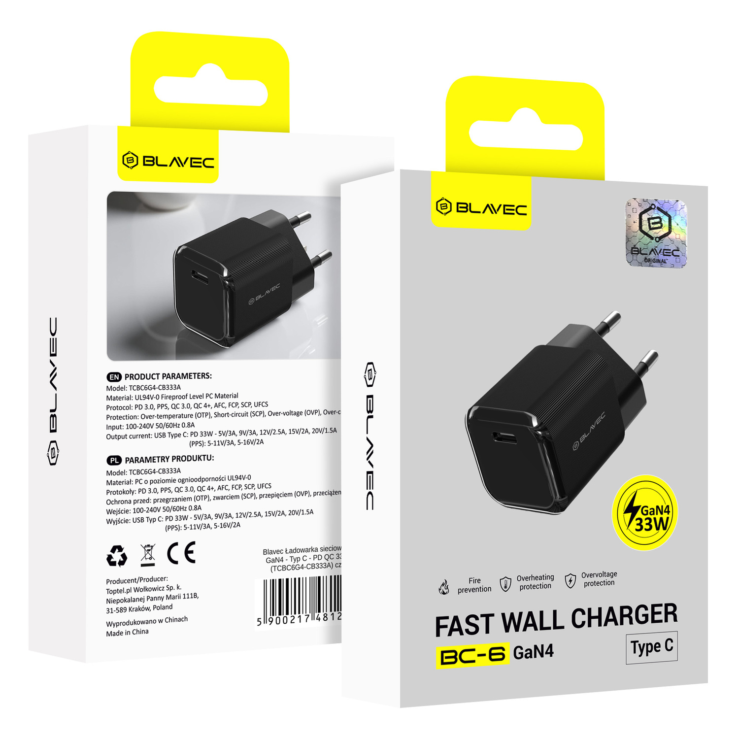 Blavec fali töltő BC-6 GaN4 - Type C - PD QC 33W 3A (TCBC6G4-CB333A) fekete-4
