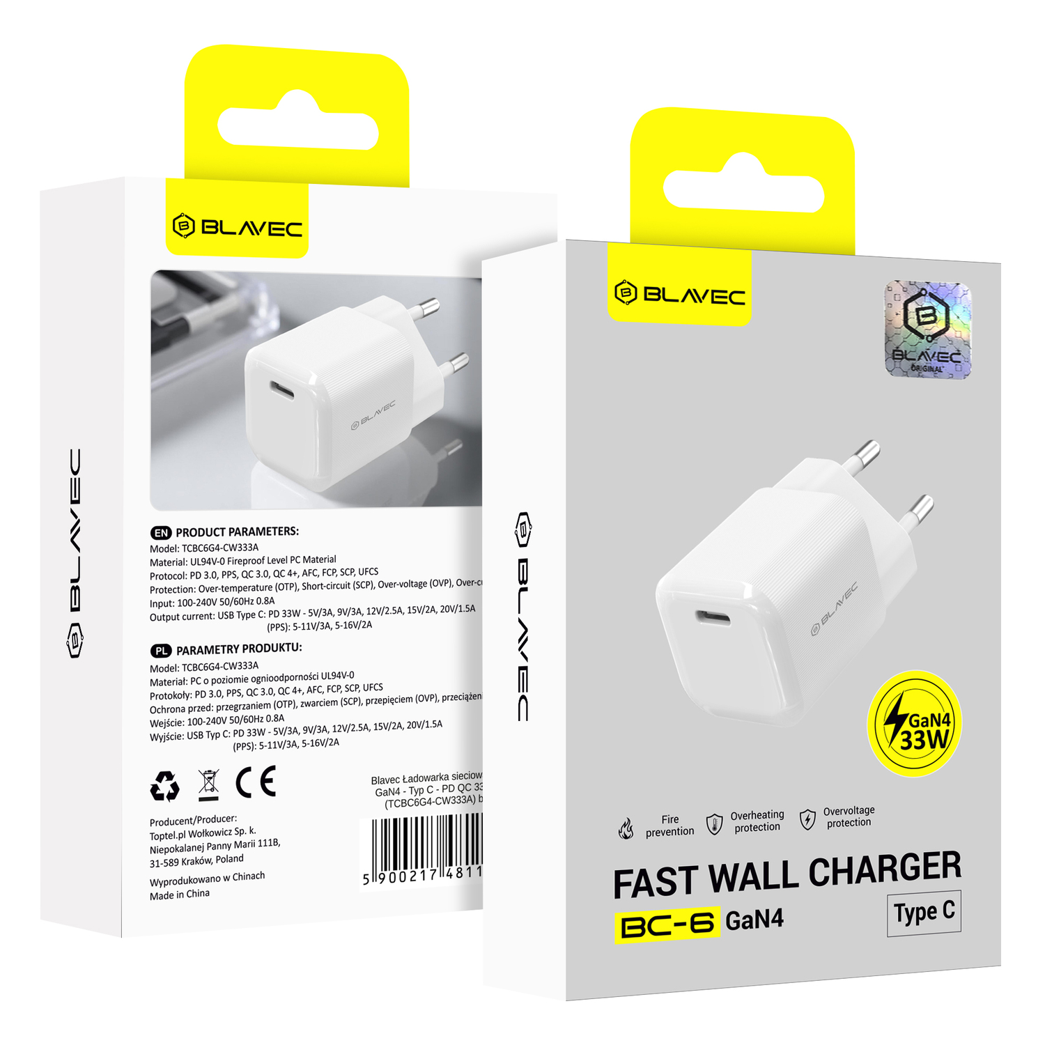 Blavec fali töltő BC-6 GaN4 - C típusú - PD QC 33W 3A (TCBC6G4-CW333A) fehér-4