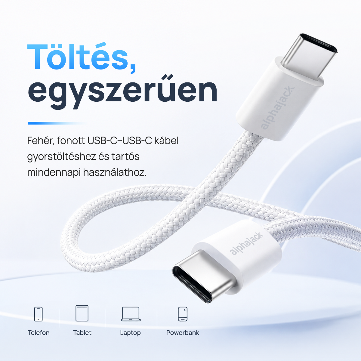 Alphajack USB-C USB-C 1MW- 60W adat és töltő kábel fehér 1m-13