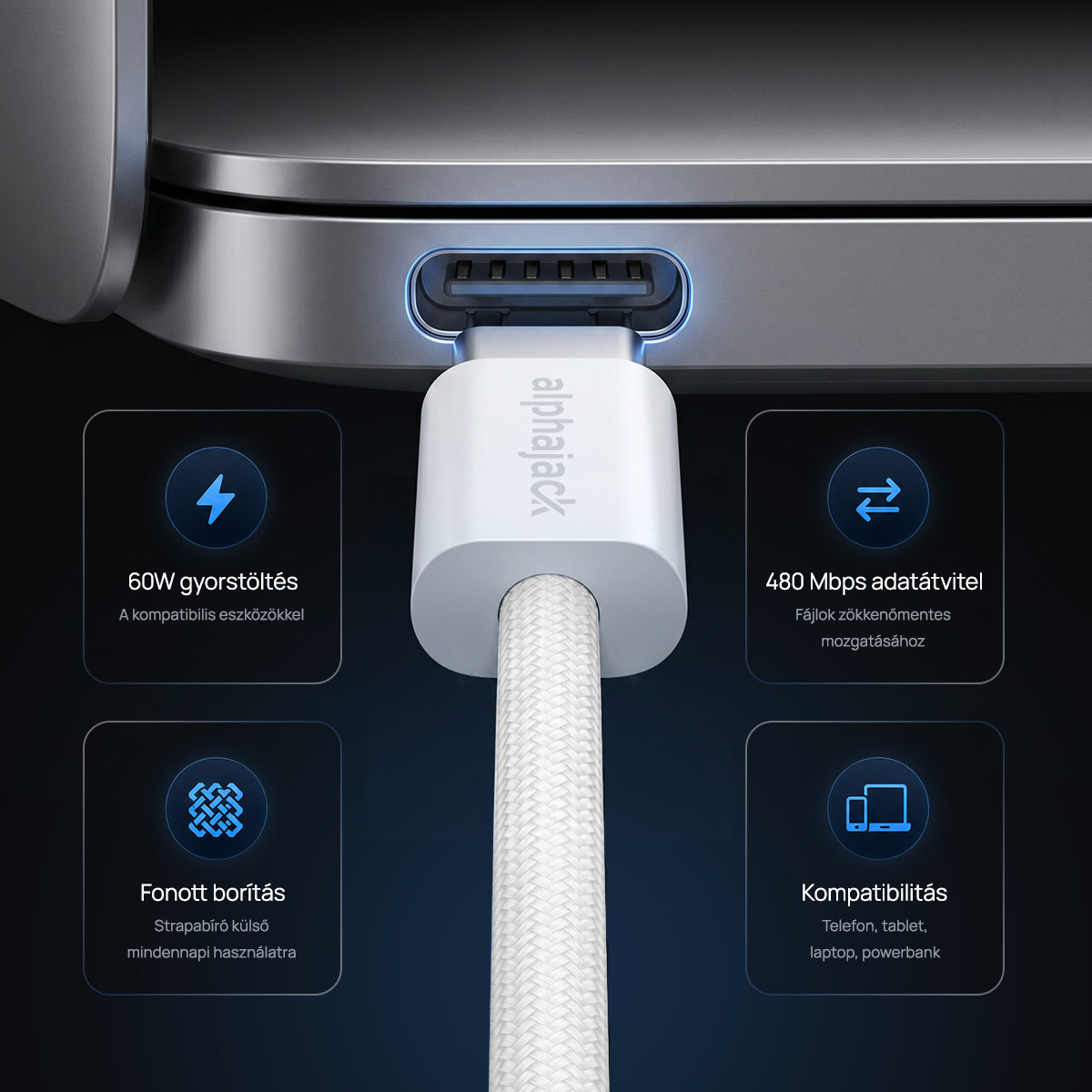 Alphajack USB-C USB-C 1MW- 60W adat és töltő kábel fehér 1m-10