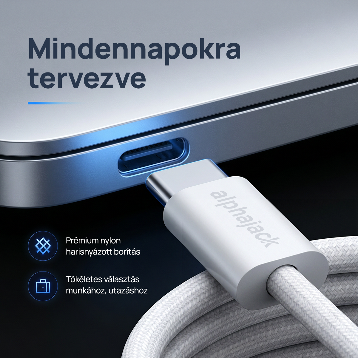 Alphajack USB-C USB-C 1MW- 60W adat és töltő kábel fehér 1m-6