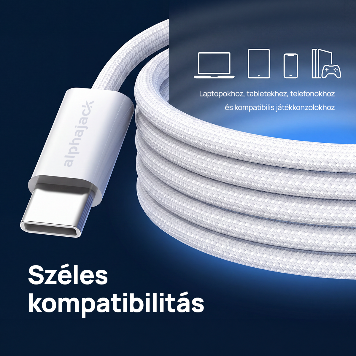 Alphajack USB-C USB-C 1MW- 60W adat és töltő kábel fehér 1m-1
