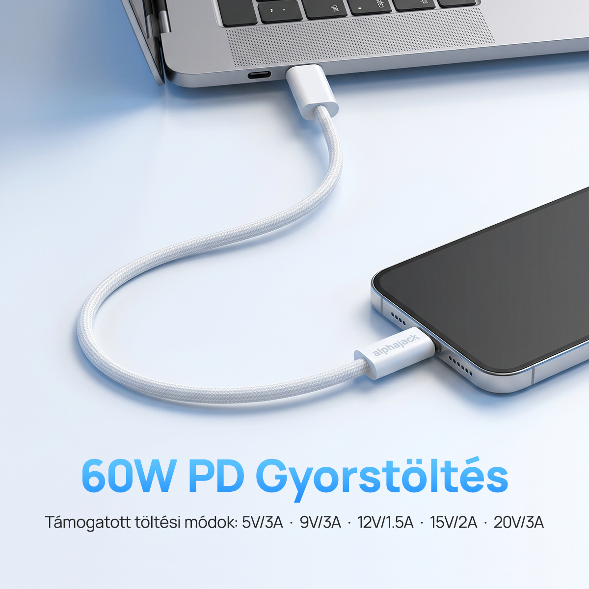 Alphajack USB-C USB-C 1MW- 60W adat és töltő kábel fehér 1m-4