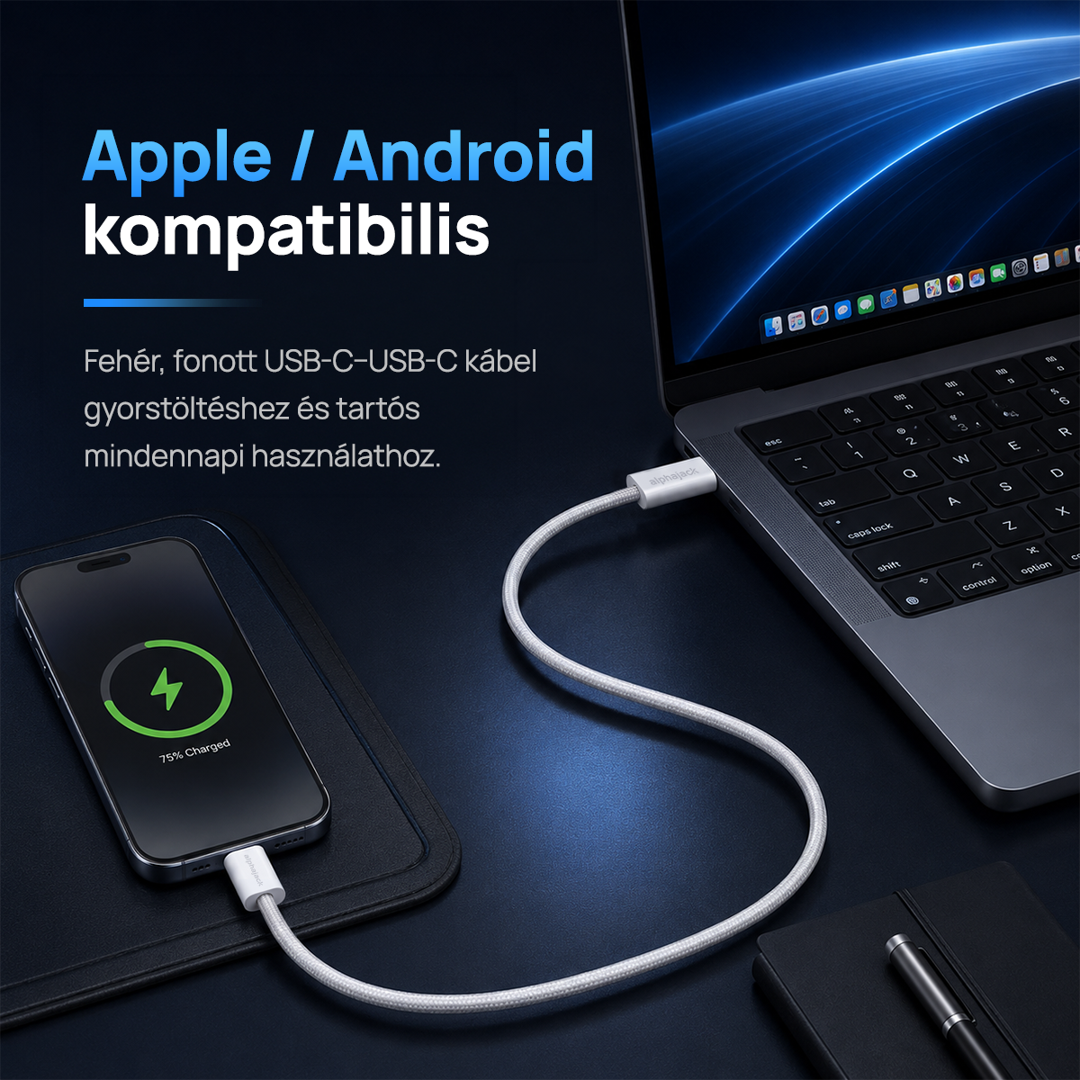 Alphajack USB-C USB-C 1MW- 60W adat és töltő kábel fehér 1m-8