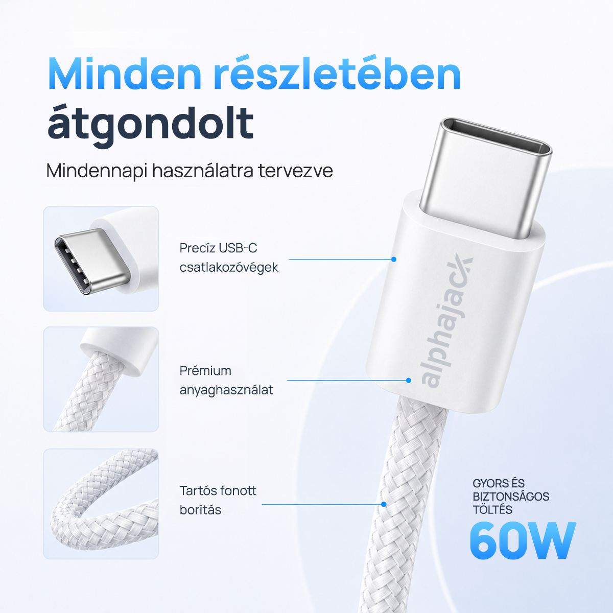 Alphajack USB-C USB-C 1MW- 60W adat és töltő kábel fehér 1m-12
