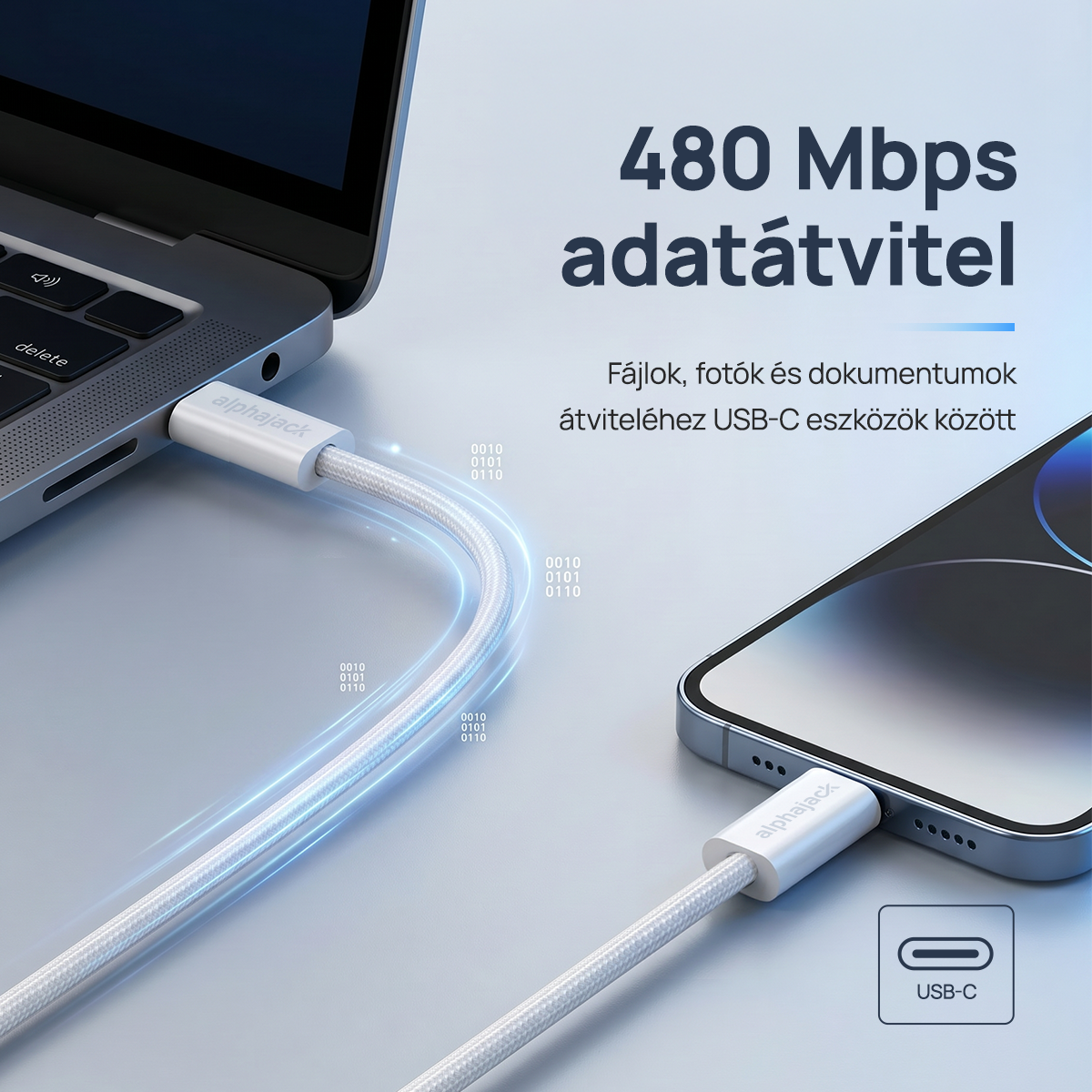 Alphajack USB-C USB-C 1MW- 60W adat és töltő kábel fehér 1m-11