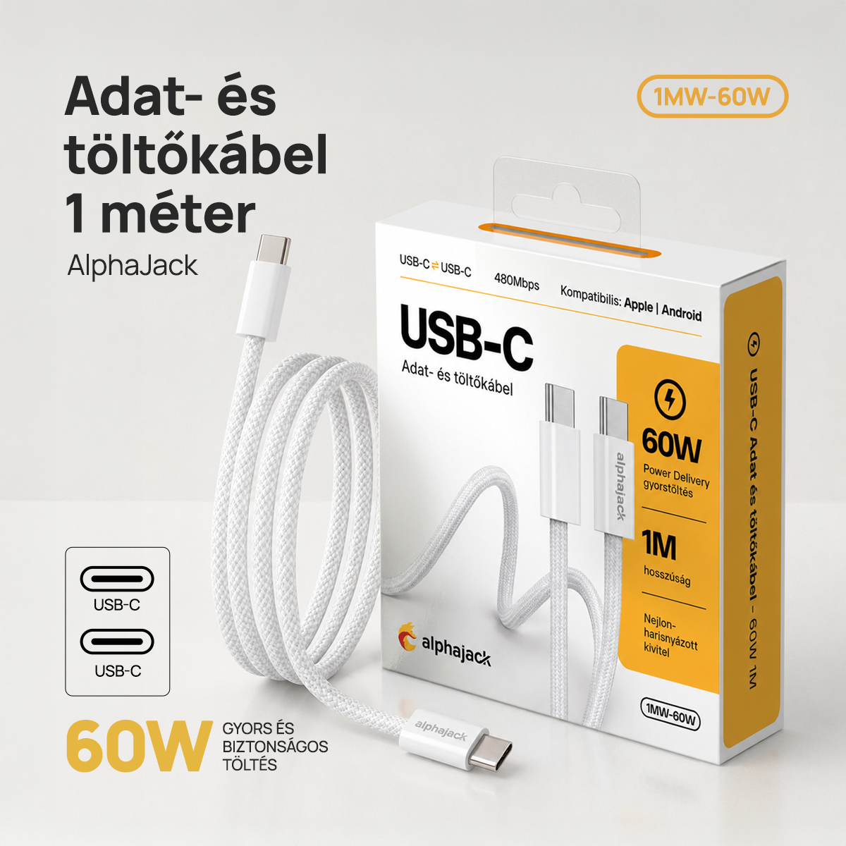 Alphajack USB-C USB-C 1MW- 60W adat és töltő kábel fehér 1m-14