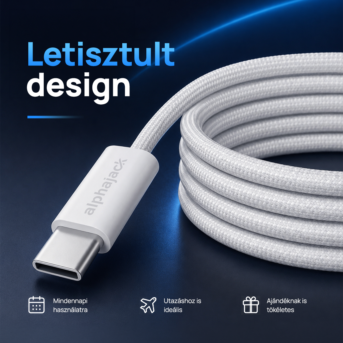Alphajack USB-C USB-C 1MW- 60W adat és töltő kábel fehér 1m-2